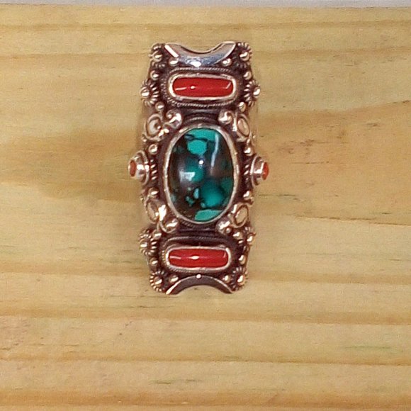 Sterling Silver Turquoise and Red Coral Ring: Size (10). Unisex. New - Picture 3 of 12